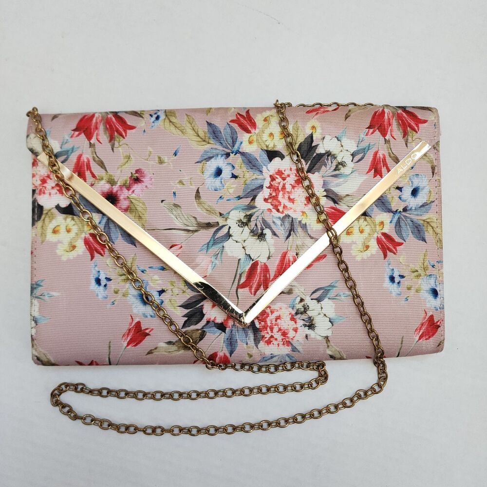 ALDO Floral Envelope Clutch & Crossbody – Pink/Gold V-Trim